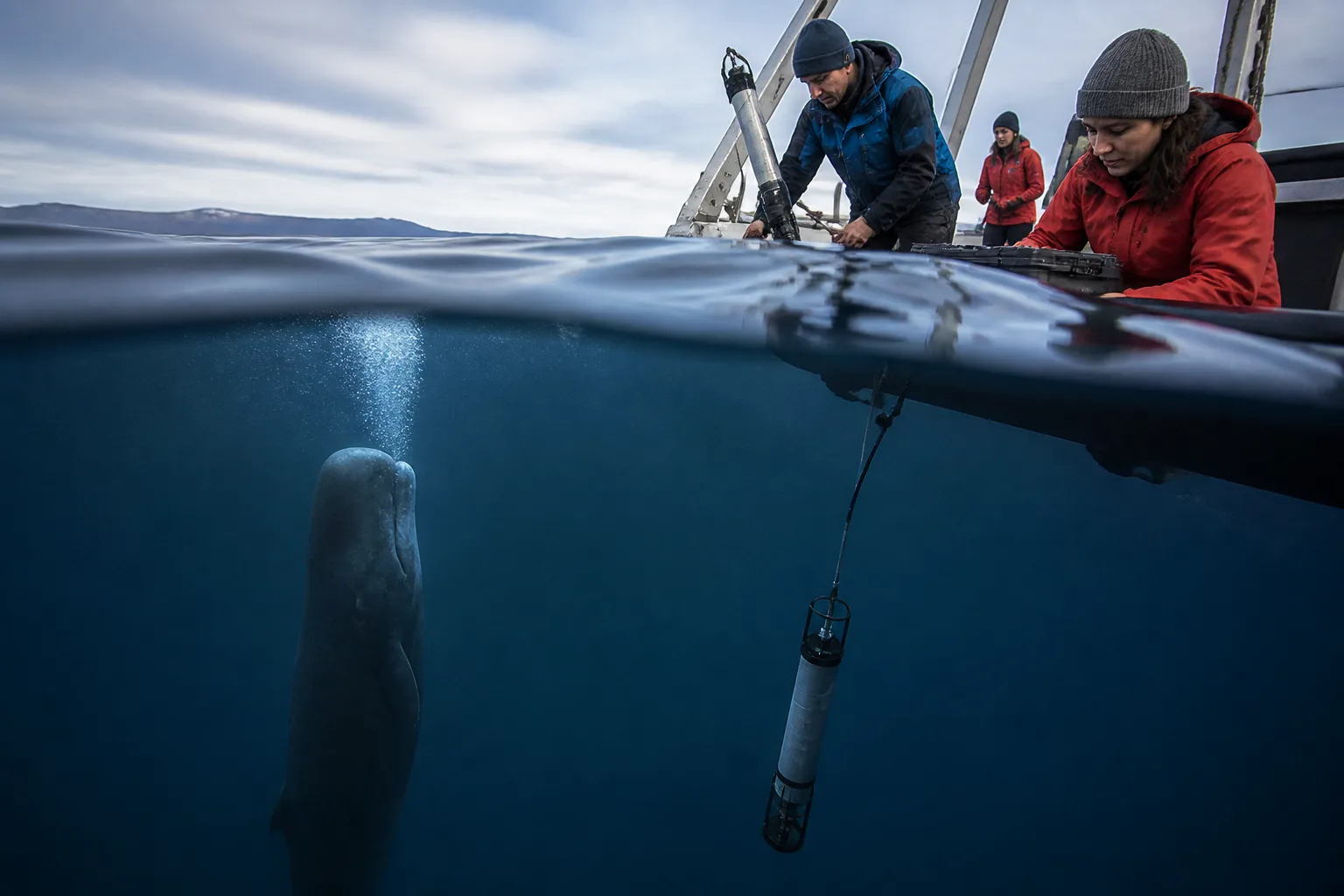 Illustration for How researchers used tags and simulations to explain sperm whales’ bubble-assisted sleep