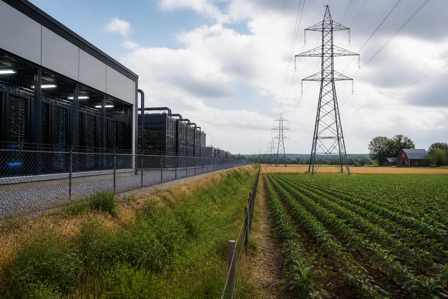 Illustration for Why data center growth is colliding with eminent domain fights over power lines